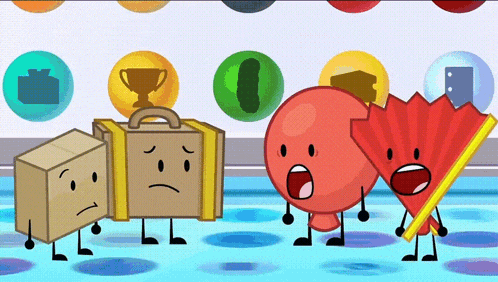 a group of cartoon characters including a suitcase and a fan