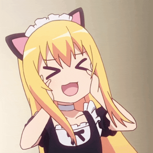 a blonde anime girl with cat ears and a maid outfit is making a funny face