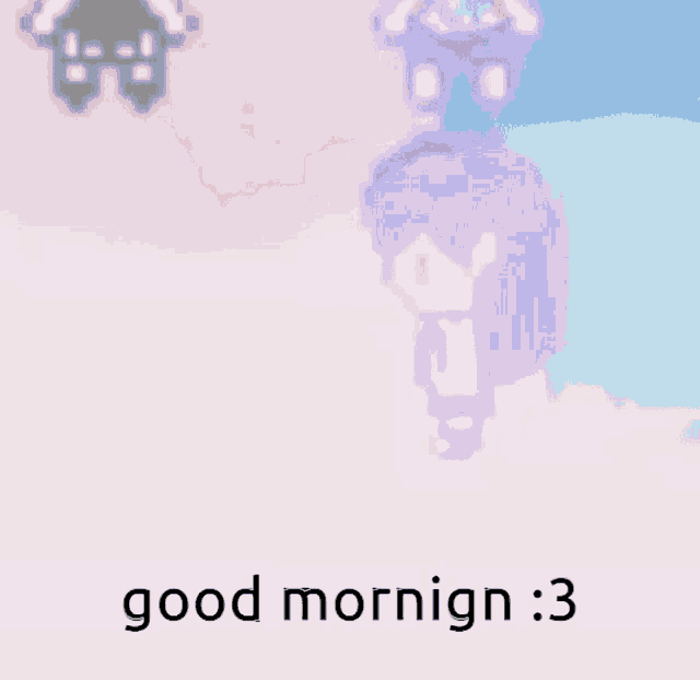 a pixel art of a girl with purple hair and the words `` good mornign : 3 ''