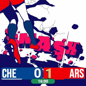 a scoreboard shows the score between che and ars at 0-1