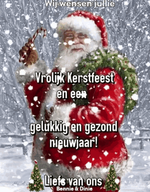 a christmas card with santa claus holding a wreath and candy cane