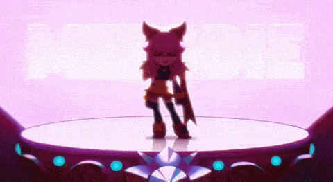 a cartoon character is standing on a stage with the word melodie in the background