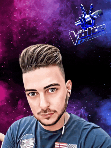 a man wearing ear buds stands in front of a sign that says the voice academy