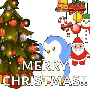 a blue penguin is standing in front of a christmas tree and says merry christmas !