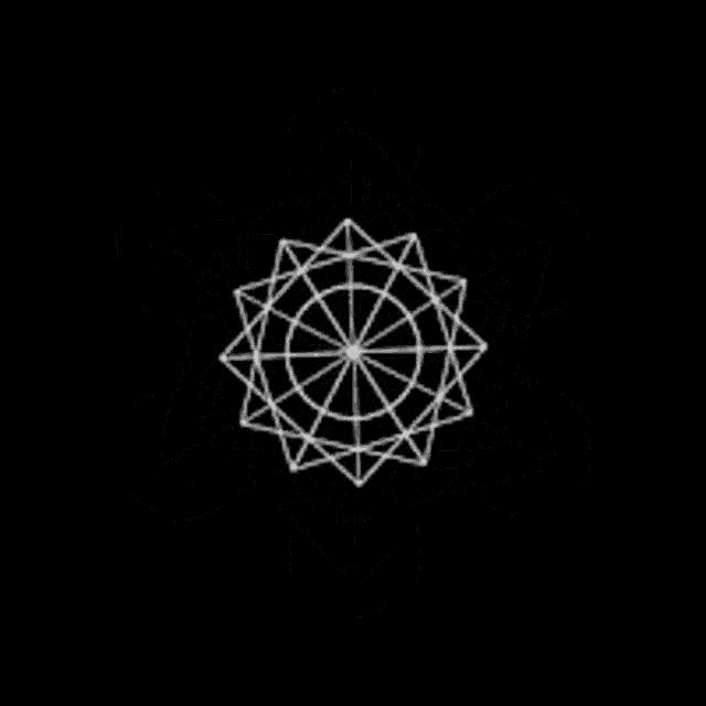 a white geometric pattern on a black background with circles and triangles