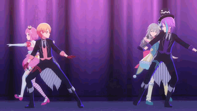 a group of anime characters are performing on a stage