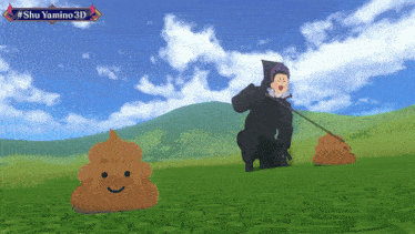 a video game character is standing next to a pile of poop with a face on it