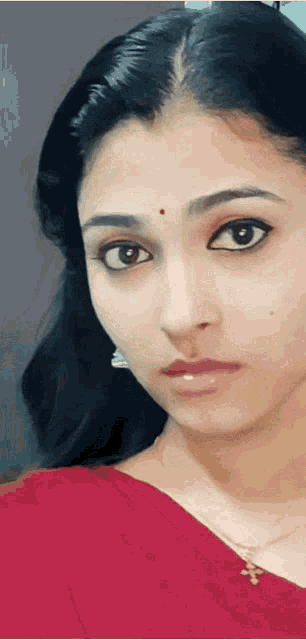 a close up of a woman 's face with a red bindi