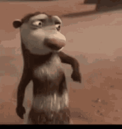 a cartoon opossum is standing on its hind legs in the sand .