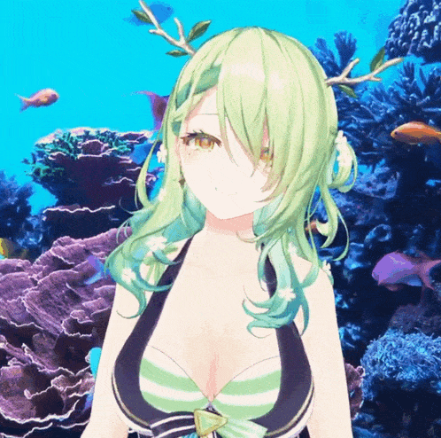 a girl with green hair is standing in front of an aquarium