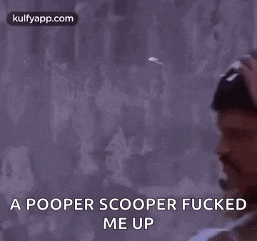 a man in a police uniform is holding his hand to his head and says `` a poper scooper fucked me up '' .