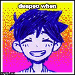 a pixel art drawing of a boy with blue hair and the words deapeo when on the bottom