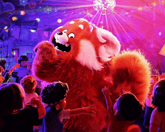 a group of children are dancing in a room with a red panda mascot in the background .