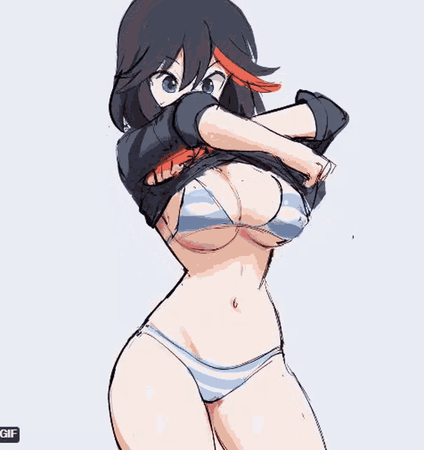 a drawing of a girl in a school uniform taking off her underwear .