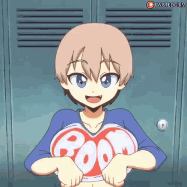 a cartoon girl is holding her breasts in front of a locker in a locker room .