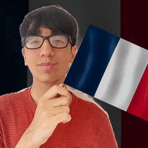 a man wearing glasses holds a french flag in his hand