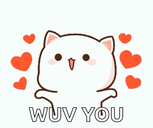 a cartoon cat is surrounded by hearts and says wuv you .