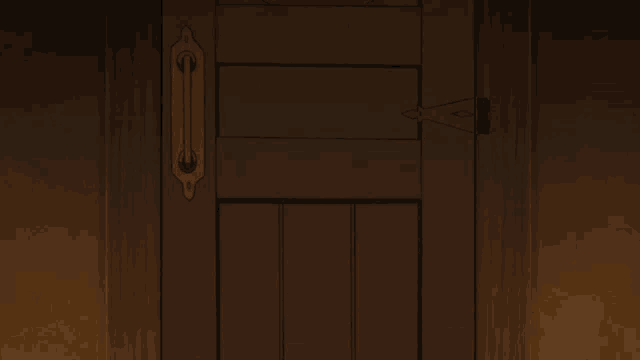 a girl with green eyes is peeking out of a wooden door