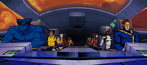a group of cartoon characters are sitting around a table including wolverine and cyclops
