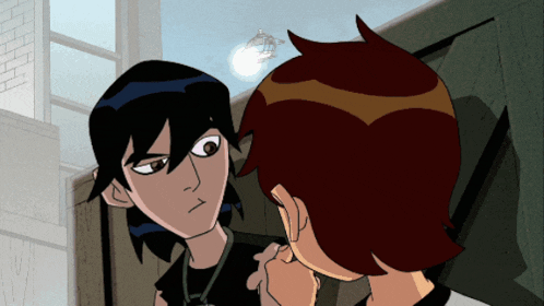 a couple of cartoon characters looking at each other