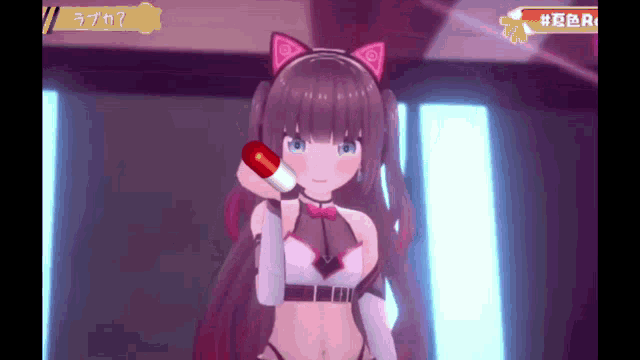 a video game character is holding a red capsule