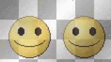 two pixel art smiley faces are standing next to each other on a checkered surface .