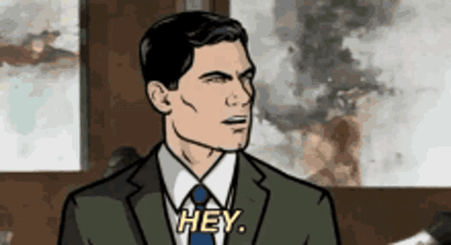 a cartoon of archer saying hey in a suit and tie