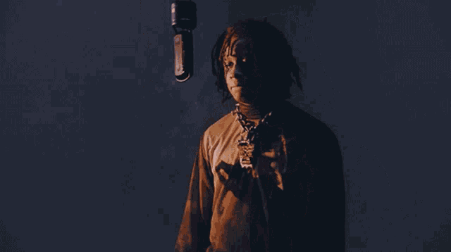 a man with dreadlocks stands in front of a microphone with a chain around his neck