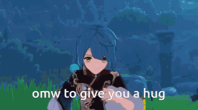 a girl with blue hair is standing in a field with the words omw to give you a hug