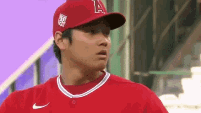 a close up of a baseball player wearing a red hat and a red shirt .