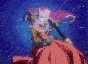 a cartoon of a girl with pink hair and a red skirt
