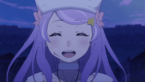 a girl with purple hair is wearing a white hat
