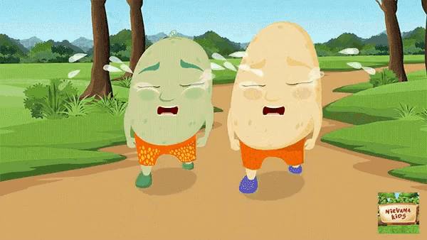two cartoon eggs are crying on a dirt road with a sign that says kickama kids on it