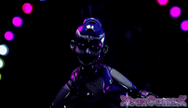 a robot is dancing in a dark room with a lot of lights behind it .
