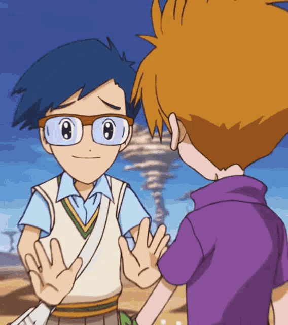 a boy wearing glasses talks to another boy