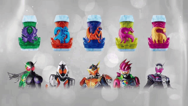 a group of action figures are standing next to each other with a purple background