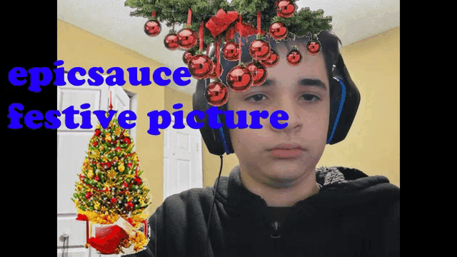 a boy with a christmas tree on his head and the words epicsauce festive picture above him