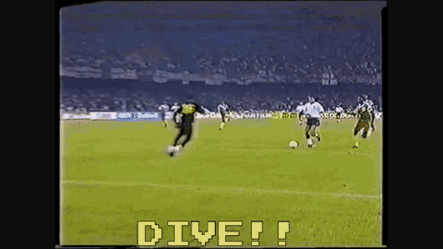 a soccer game is being played on a field with the words dive written on the screen .