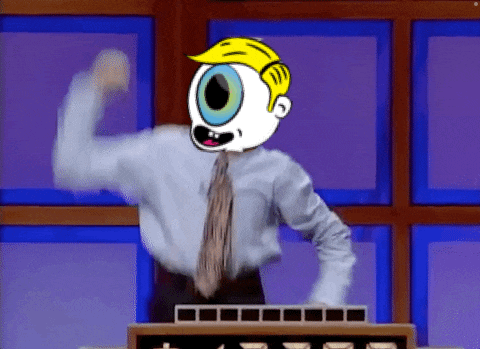 a cartoon character with a big eye stands at a podium with his fist in the air