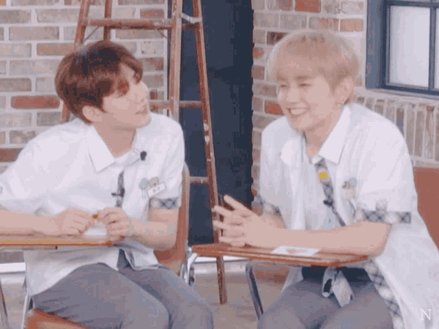 two boys are sitting at desks and one has a name tag that says n