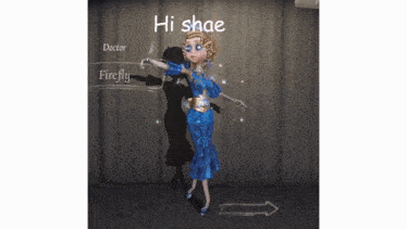 a girl in a blue dress with the name firefly on it