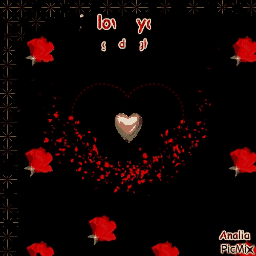 a black background with red roses and a gold heart in the middle