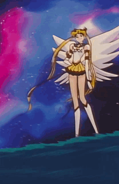 a cartoon character with wings is standing in front of a colorful background
