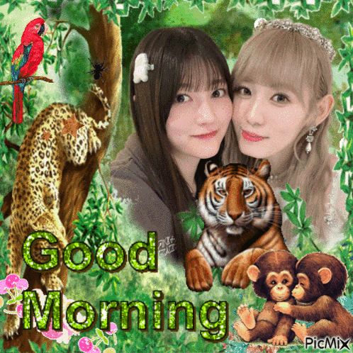 a picture of two girls surrounded by animals with the words good morning