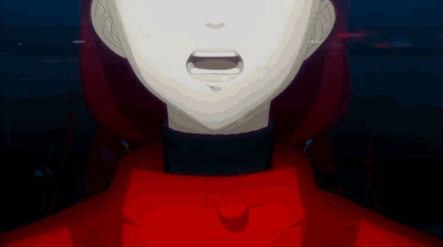 a close up of a person 's face with a red jacket on