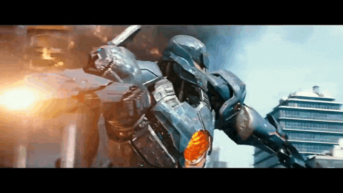 a robot is flying through the air in a city .