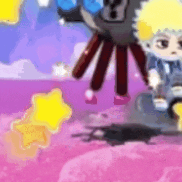 a cartoon character is standing on a pink carpet with a purple background .