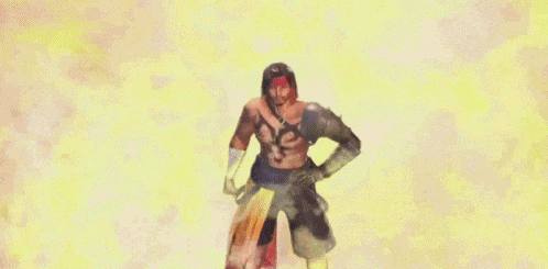 a man with a beard and a red bandana on his head reaches out his hand