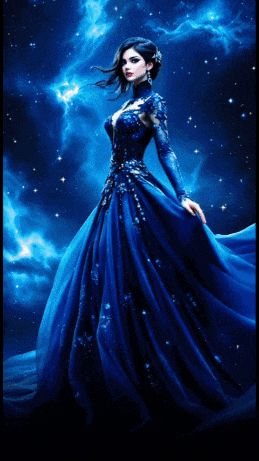 a woman in a long blue dress is standing in front of a starry night sky