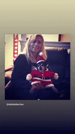 a woman holds a small dog wearing a santa suit